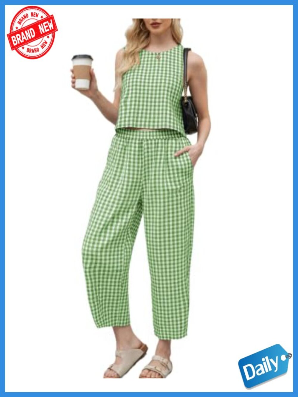 Womens Gingham 2 Piece Summer Matching Sets Cotton Sleeveless Tank Wide Leg
